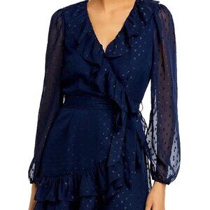 Aqua Navy Long Sleeve Ruffled Wrap Dress